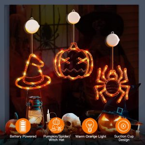 Set Of 3 Pack Halloween Window Light Spider Witch Hat Pumpkin With Orange…