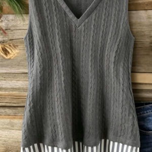 Charcoal Gray Cable Knit Striped Hem V-Neck Tank Top