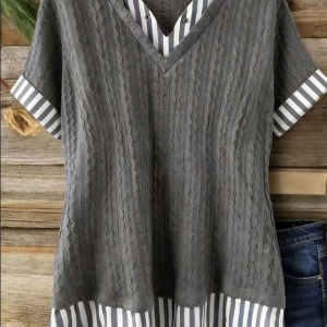 Charcoal Gray Cable Knit Striped V-Neck T-Shir
