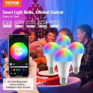 VEVOR Smart Light Bulbs, 4-Pack, 9W Multicolor LED Bulbs, 800 Lumens With…