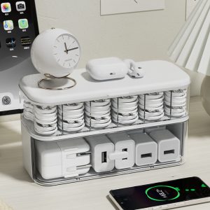 Desktop Organizer With Compartments Cable Winder Power Cord Storage Box