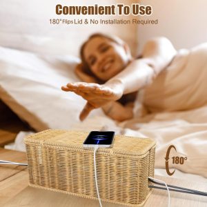 Desktop Cable Organizer With Woven Rattan-style Cord And A Covered Power…